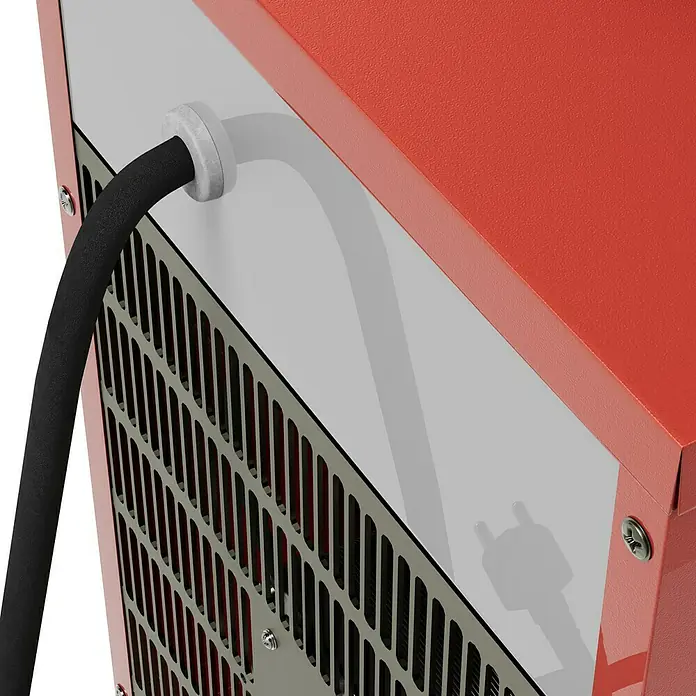 Voltomat HEATING Bauheizer - Passend für: Raumgröße bis ca. 25 m², 1.000 W - 3.000 W, Nennspannung: 220 V - 240 V, Rot, IP24 - Nahaufnahme des Stromkabels eines modernen, rot-weißen Geräts. Ideal für Elektronik- und Technikprojekte.