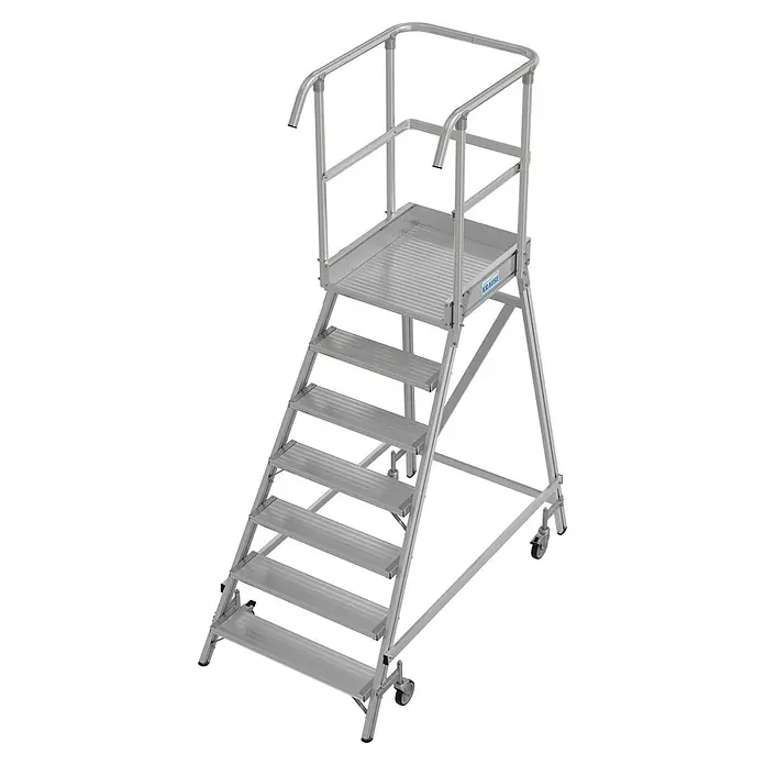 Krause Stabilo Podestleiter - Arbeitshöhe: 3,65 m, Anzahl Tritte: 7 Stk., Aluminium - Mobile Industrietreppe von Krause mit sieben Stufen und Sicherheitsgeländer für den flexiblen Einsatz in Industrie und Handwerk.