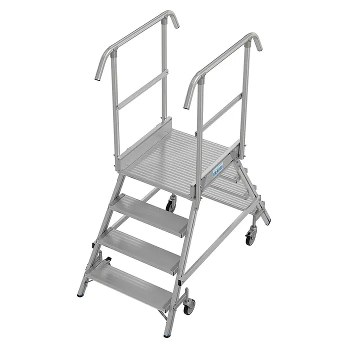 Krause Stabilo Podestleiter - Arbeitshöhe: 3 m, Anzahl Tritte: 8 Stk., Aluminium - Krause Treppenpodest mit Handlauf und Rollen, ideal für sicheres Arbeiten in der Höhe. Die robuste Konstruktion sorgt für Stabilität.
