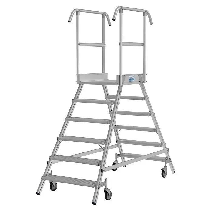 Krause Stabilo Podestleiter - Arbeitshöhe: 3,45 m, Anzahl Tritte: 12 Stk., Aluminium - Silberfarbene Aluminium-Arbeitsplattform mit Stufen, Geländern und Rollen für sicheren, erhöhten Zugang.
