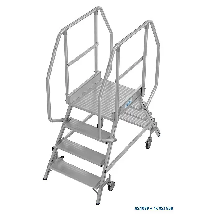Krause Stabilo Podestleiter - Arbeitshöhe: 3 m, Anzahl Tritte: 8 Stk., Aluminium - Silberne Aluminium-Arbeitsplattform mit vier Stufen, einer Plattform, Handläufen und Rollen zur Mobilität.