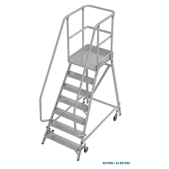 Krause Stabilo Podestleiter - Arbeitshöhe: 3,65 m, Anzahl Tritte: 7 Stk., Aluminium - Abgebildete ist eine mobile Krause Treppenplattform mit Handlauf, die sich ideal für sichere Arbeiten in der Höhe eignet.