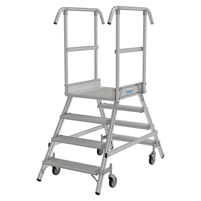 Krause Stabilo Podestleiter - Arbeitshöhe: 3 m, Anzahl Tritte: 8 Stk., Aluminium - Bild einer fahrbaren Arbeitsbühne von Krause, ideal für sicheres Arbeiten in der Höhe. Die Plattform bietet festen Stand, während die Rollen Mobilität gewährleisten.