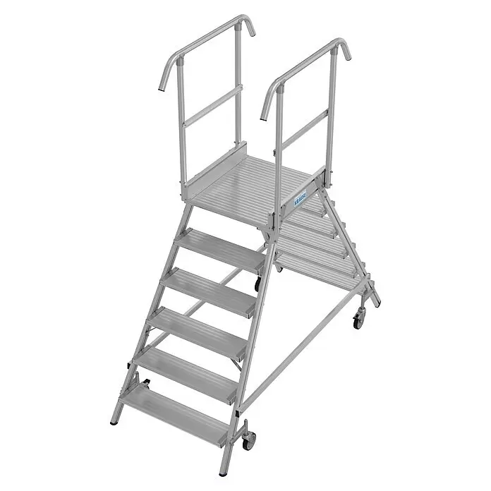Krause Stabilo Podestleiter - Arbeitshöhe: 3,45 m, Anzahl Tritte: 12 Stk., Aluminium - Silberfarbene, fahrbare Arbeitsplattform aus Aluminium mit Stufen, großer Plattform, Geländern und Rollen.