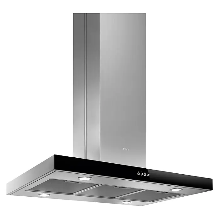 Elica Campana para isla Joye A - Ancho: 89,8 cm, Máx. Potencia del ventilador en modo extracción: 713 m³/h, Acero/Negro - Elegante campana extractora de acero inoxidable y vidrio negro. La campana extractora tiene cuatro luces LED y cuatro botones de control.