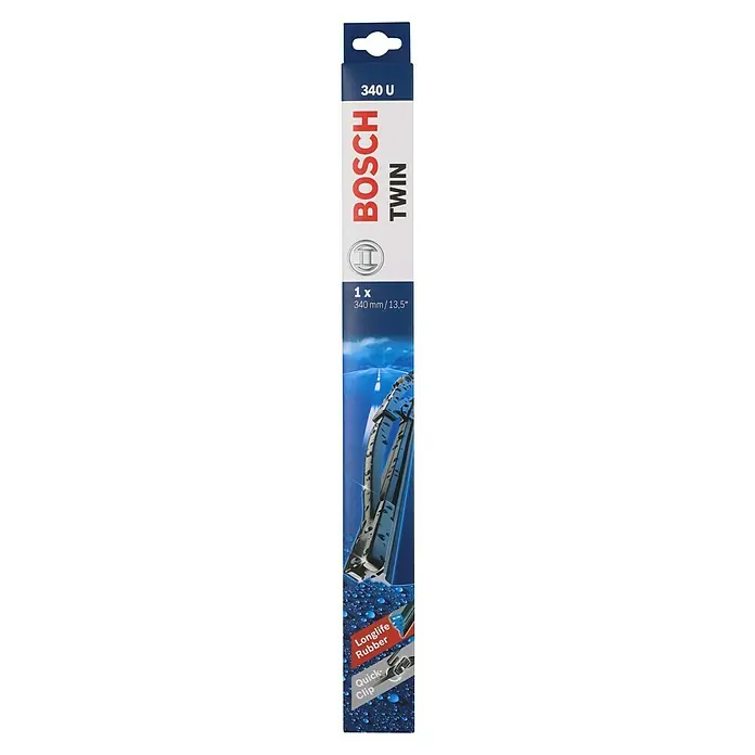 Bosch Scheibenwischer TWIN - 340 U, Anzahl: 1 Stk. - Produktverpackung von Bosch Twin Scheibenwischer, 340 U, mit Hinweisen auf Longlife Rubber und Quick Clip.