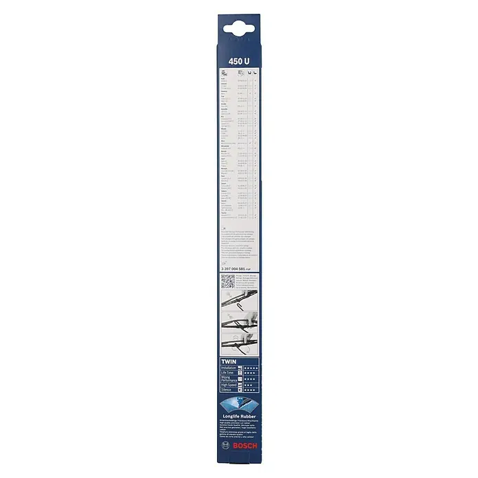 Bosch Scheibenwischer TWIN - 450 U, Anzahl: 1 Stk. - Abbildung der Bosch 450 U Scheibenwischerverpackung mit der Aufschrift "Longlife Rubber", die die wichtigsten Produkteigenschaften hervorhebt.
