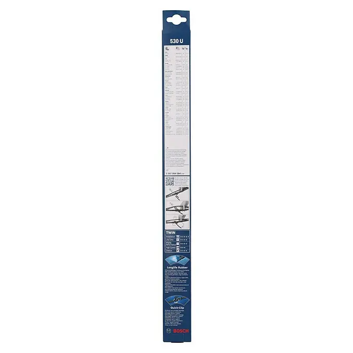 Bosch Scheibenwischer TWIN - 530 U, Anzahl: 1 Stk. - Bosch 530 U Scheibenwischer Verpackung. Langlebiges Gummi, Quick-Clip für einfache Installation.