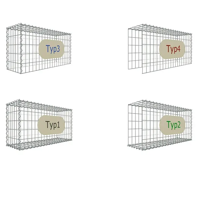 Gabiona Gabione Typ 3 - Zum Anbau in der Höhe, 100 x 50 x 50 cm, Stahl, Maschenbreite: 100 mm, Maschenhöhe: 100 mm, C-Ring - Illustration von vier verschiedenen Gabionen-Typen, die sich in ihrer Bauart unterscheiden.