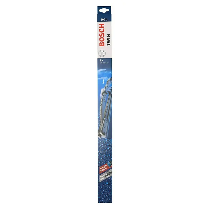 Bosch Scheibenwischer TWIN - 600 U, Anzahl: 1 Stk. - Produktverpackung Bosch Twin Scheibenwischer 600 U, mit den Hinweisen Longlife Rubber und Quick-Clip für einfache Montage.