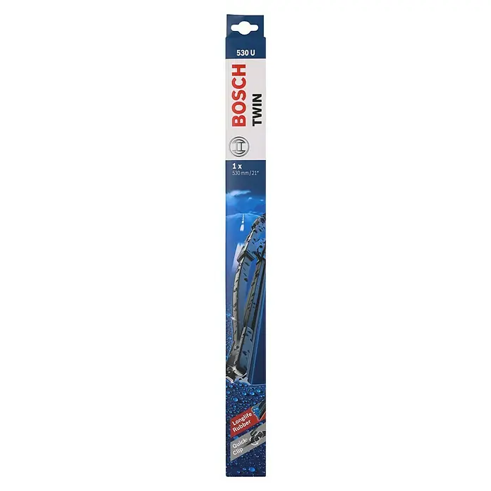 Bosch Scheibenwischer TWIN - 530 U, Anzahl: 1 Stk. - Produktverpackung für einen Bosch Twin Scheibenwischer, 530 U, mit Hinweisen auf Longlife Rubber und Quick Clip.