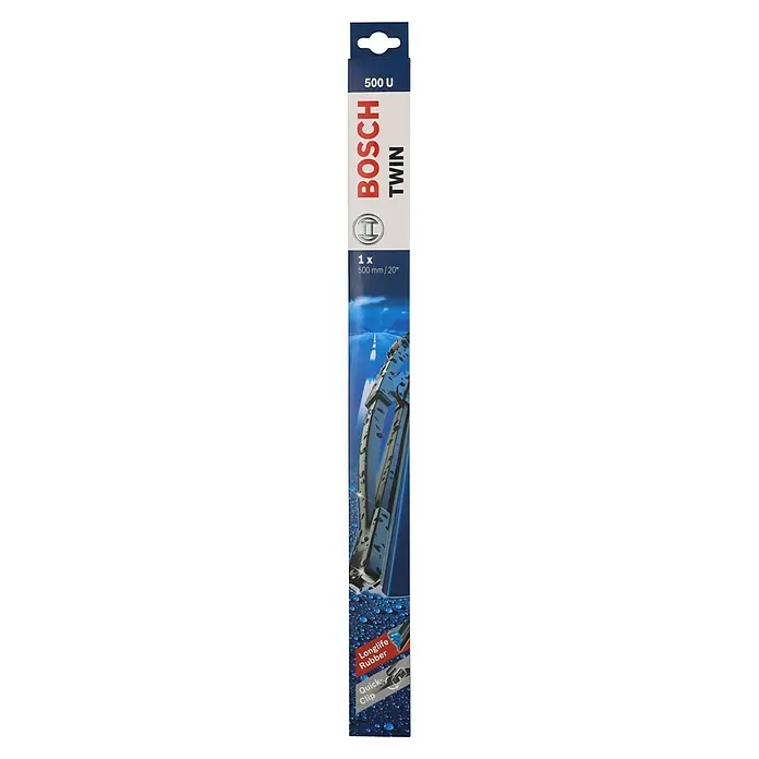 Bosch Scheibenwischer TWIN - 500 U, Anzahl: 1 Stk. - Produktverpackung für Bosch Twin Scheibenwischer 500 U, mit Fokus auf langlebiges Gummi und einfache Montage.