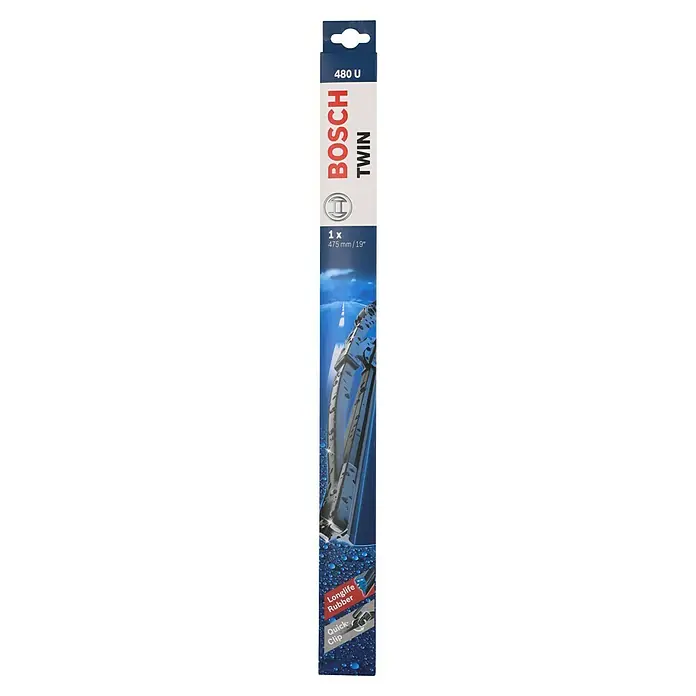 Bosch Scheibenwischer TWIN - 480 U, Anzahl: 1 Stk. - Abbildung eines Bosch Twin 480 U Scheibenwischers mit langlebigem Gummi und Quick-Clip-Befestigung, 475 mm/19 Zoll, für klare Sicht.