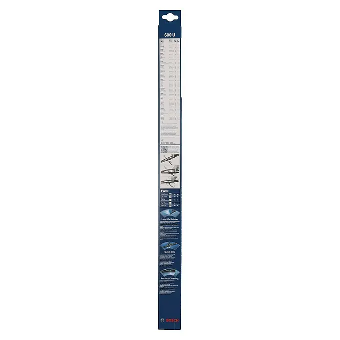 Bosch Scheibenwischer TWIN - 600 U, Anzahl: 1 Stk. - Verpackung des Bosch 600 U Scheibenwischer Twin-Sets mit Informationen zu Fahrzeugkompatibilität, Montage und Produktvorteilen.