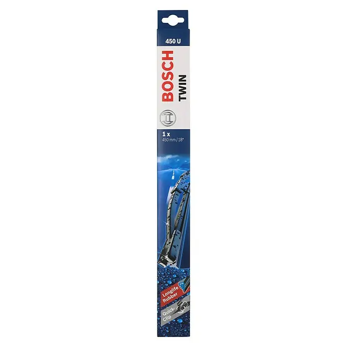 Bosch Scheibenwischer TWIN - 450 U, Anzahl: 1 Stk. - Produktverpackung eines Bosch Twin Scheibenwischers, 450 U, mit Hinweisen auf Longlife Gummi und Quick Clip für einfache Montage.