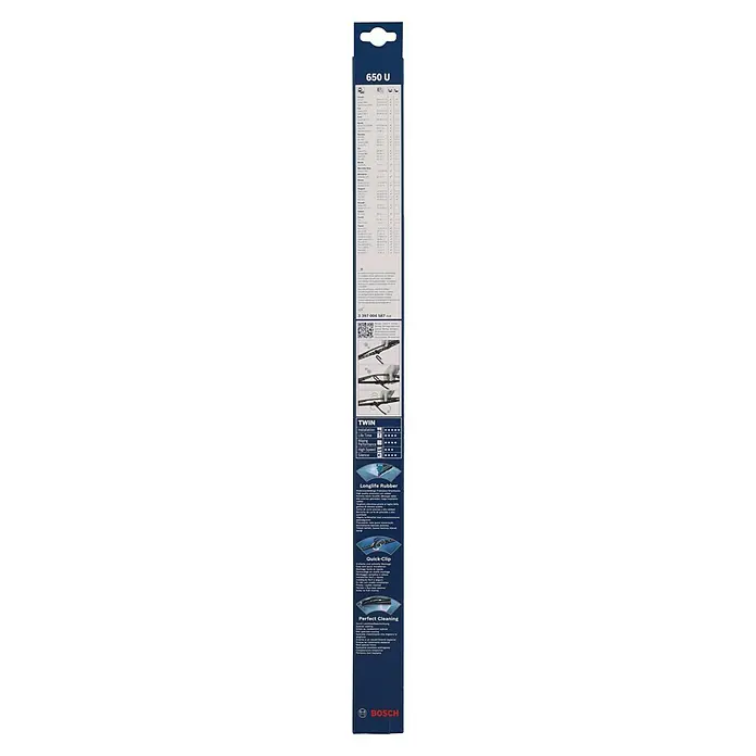 Bosch Scheibenwischer TWIN - 650 U, Anzahl: 1 Stk. - Abbildung einer Bosch Scheibenwischerverpackung, Modell 650 U, mit Produktinformationen und technischen Details.
