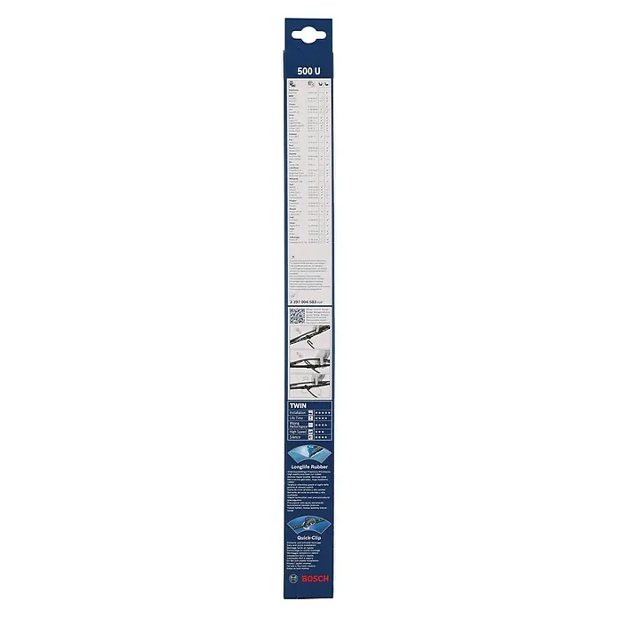 Bosch Scheibenwischer TWIN - 500 U, Anzahl: 1 Stk. - Bosch 500 U Scheibenwischer: Langlebige Gummis für klare Sicht bei jedem Wetter. Einfache und schnelle Montage dank Quick-Clip-System für optimalen Komfort.