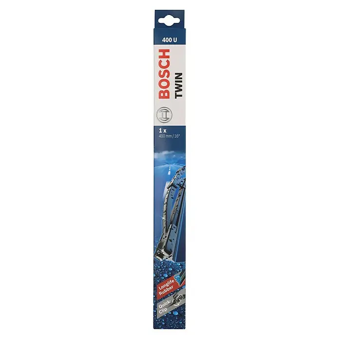 Bosch Scheibenwischer TWIN - 400 U, Anzahl: 1 Stk. - Bosch Twin Scheibenwischer, 400 mm / 16 Zoll, mit Longlife-Gummi und Quick-Clip für einfache Montage.