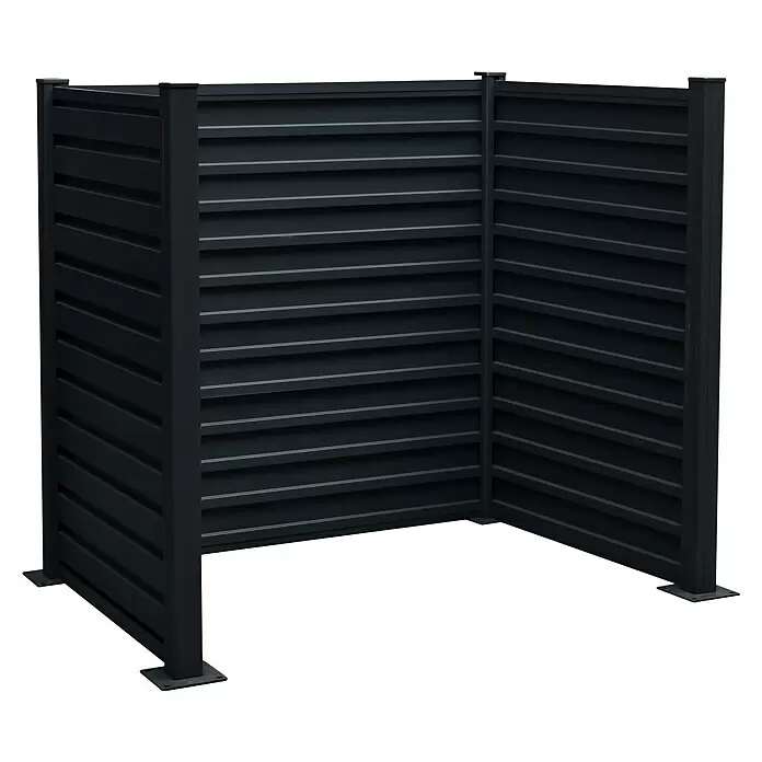 Floraworld Mülltonnenverkleidung - Aluminium, Anthrazit, Geeignet für Anzahl Mülltonnen: 2 Stk. - Dunkelgrauer, dreiseitiger Sichtschutz mit horizontalen Lamellen und quadratischen Standfüßen, ideal für Außenbereiche.