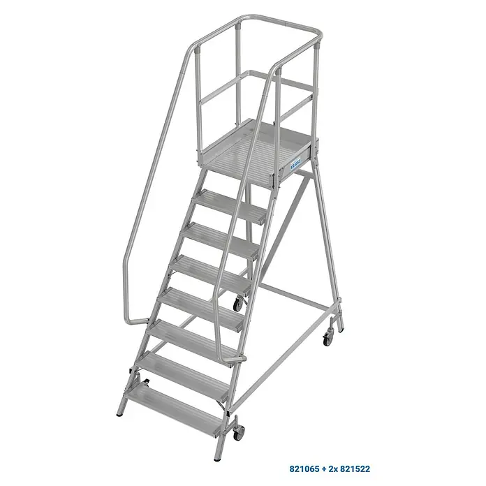 Krause Stabilo Podestleiter - Arbeitshöhe: 3,95 m, Anzahl Tritte: 8 Stk., Aluminium - Hier ist eine mobile Treppenleiter mit Geländer und Rollen der Marke Krause, ideal für flexible Arbeitseinsätze.
