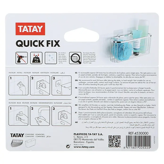 Tatay Kit de fijación Quick Fix - Transparente - Juego de ganchos adhesivos TATAY Quick Fix para montar objetos de hasta 5 kg. Fácil instalación y reutilizable.