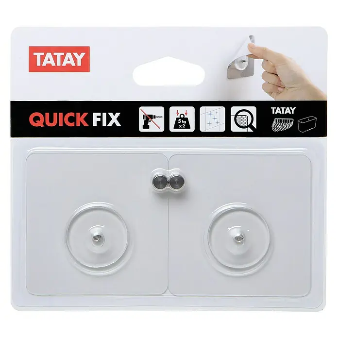 Tatay Kit de fijación Quick Fix - Transparente - Primer plano de un paquete de dos ganchos autoadhesivos blancos de TATAY, ideales para un montaje rápido y fácil sin necesidad de taladrar.