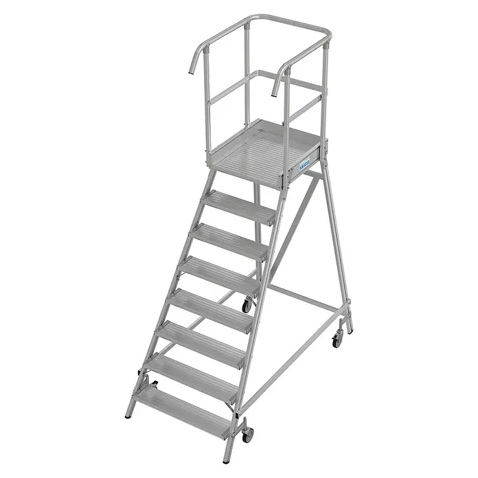 Krause Stabilo Podestleiter - Arbeitshöhe: 3,95 m, Anzahl Tritte: 8 Stk., Aluminium - Mobiler Arbeitspodest: Eine robuste Aluminiumkonstruktion mit Stufen und Geländer für sicheres Arbeiten in der Höhe.