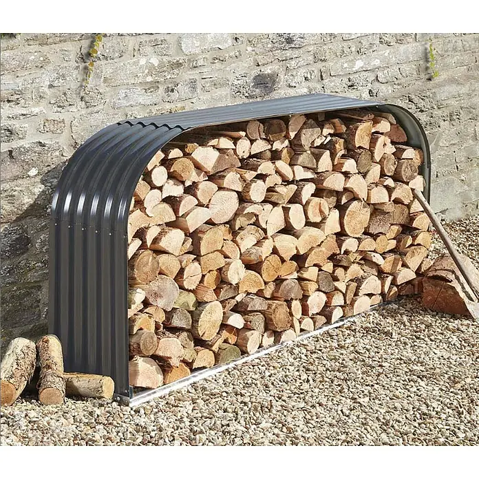 Floraworld Kaminholzregal - 212 x 43 x 111 cm, Stahl, Anthrazit - Dieser Unterstand aus Metall ist mit Holzscheiten gefüllt und bietet eine praktische und optisch ansprechende Lösung für die Lagerung von Brennholz im Freien.