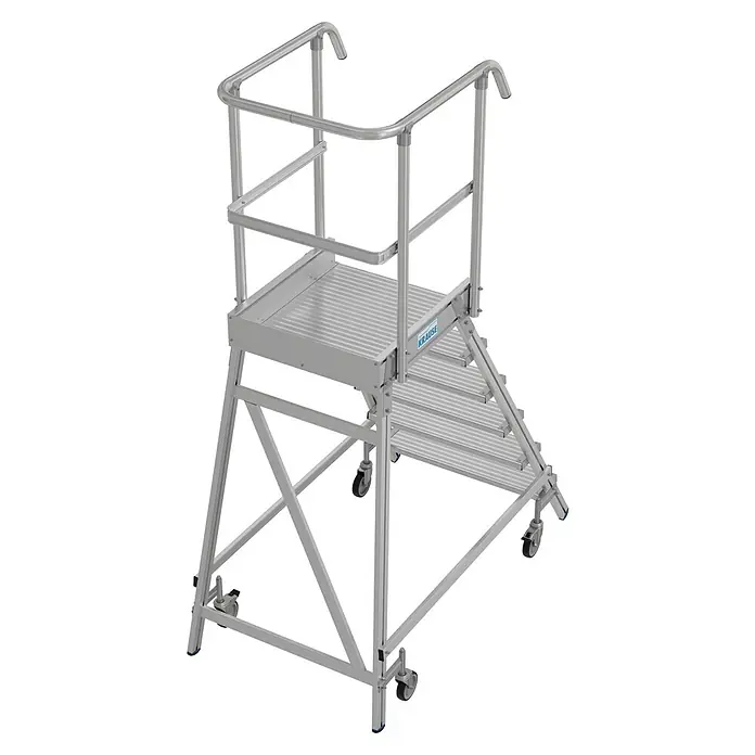 Krause Stabilo Podestleiter - Arbeitshöhe: 3,45 m, Anzahl Tritte: 6 Stk., Aluminium - Produktansicht des Krause Fahrpodests mit integrierten Rollen, Treppen und Geländern. Robuste Bauweise für professionelle Anwendungen.