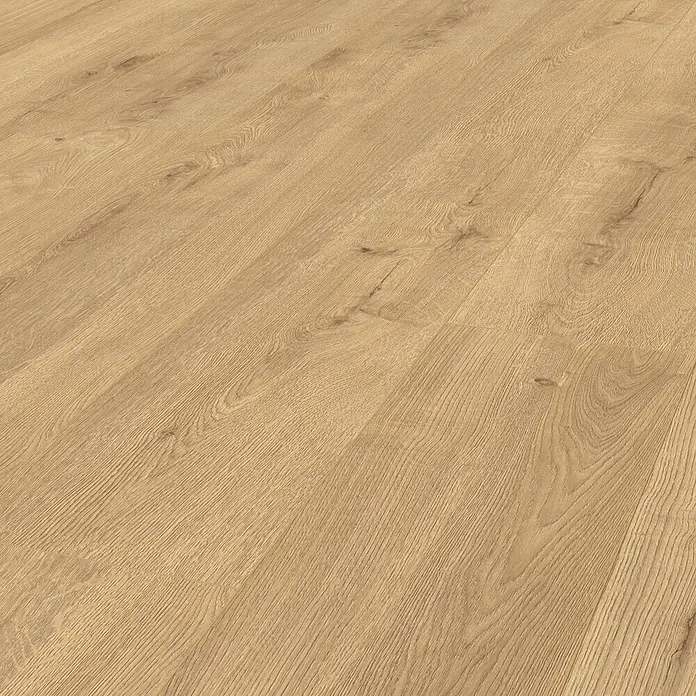Krono Original Laminatmuster Altitude Sundance Oak - 297 x 242 x 12 mm, Landhausdiele - Nahaufnahme eines hellen Laminatbodens mit dezenter Holzmaserung und einem Astknoten, ideal für modernes Wohndesign.