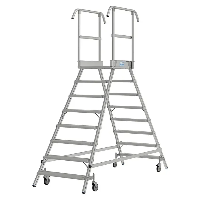 Krause Stabilo Podestleiter - Arbeitshöhe: 3,95 m, Anzahl Tritte: 16 Stk., Aluminium - Bild einer Aluminium-Doppelstufenleiter mit Rollen und Geländer, Marke Krause.