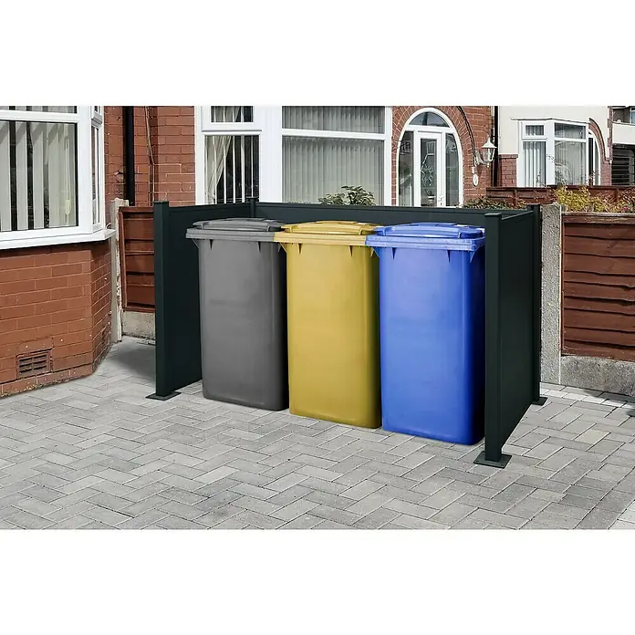 Floraworld Mülltonnenverkleidung - Aluminium, Anthrazit, Geeignet für Anzahl Mülltonnen: 3 Stk. - Mülltonnenbox zur stilvollen Aufbewahrung von Mülltonnen in verschiedenen Farben auf einer gepflasterten Fläche.