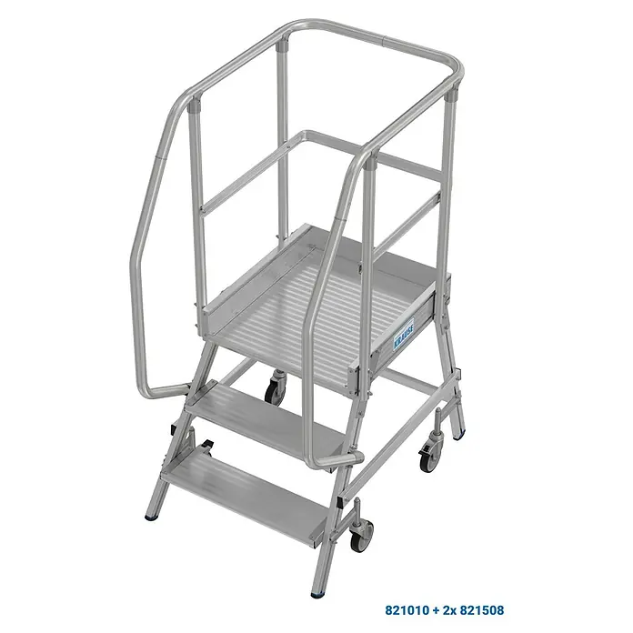 Krause Stabilo Podestleiter - Arbeitshöhe: 2,75 m, Anzahl Tritte: 3 Stk., Aluminium - Das Bild zeigt eine mobile Arbeitsbühne mit Geländer und Rollen für den flexiblen Einsatz. Ideal für Lager und Werkstatt.