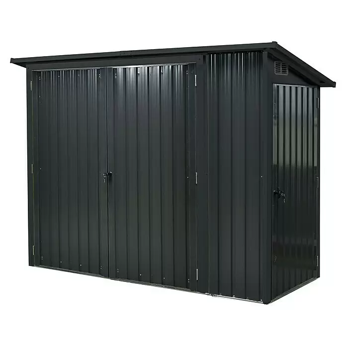 Floraworld Geräteschrank - Stahl, Anthrazit - Dunkelgrauer Wellblech-Gartenschuppen mit Doppeltür und Seitentür, ideal zur Außenlagerung.