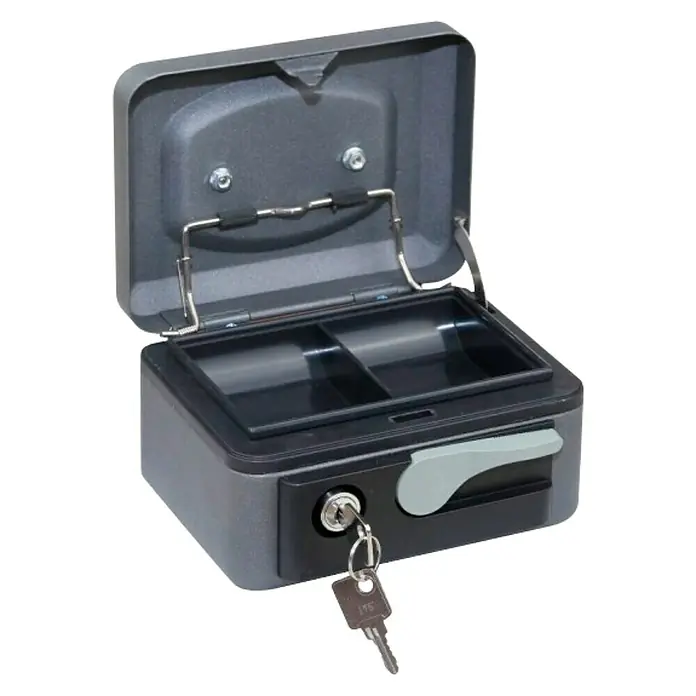 Arregui Pop Up Caja de caudales C-97 - L x An x Al: 20 x 16 x 9 cm, Gris grafito - Caja de caudales gris abierta con llave. Perfecta para el almacenamiento seguro de efectivo y objetos de valor.