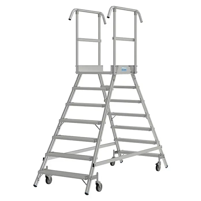 Krause Stabilo Podestleiter - Arbeitshöhe: 3,7 m, Anzahl Tritte: 14 Stk., Aluminium - Aluminium-Arbeitstreppe von Krause mit beidseitigem Aufstieg und Rollen für den einfachen Transport auf ebenen Flächen. Ideal für Lagerarbeiten.