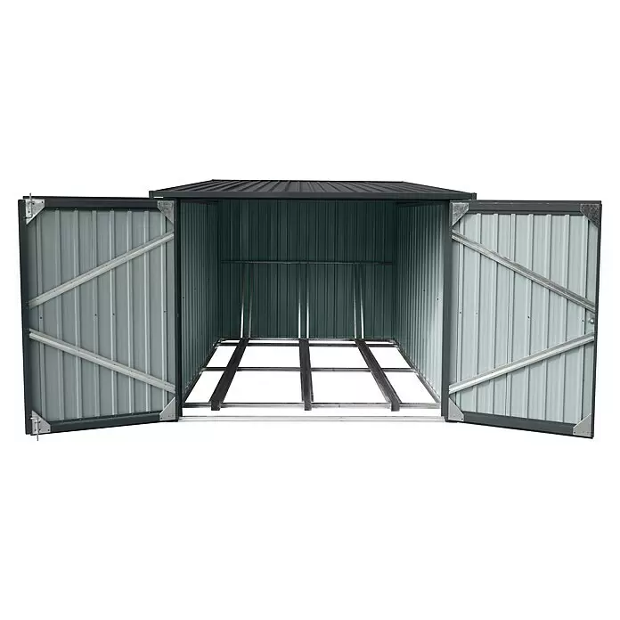 Floraworld Fahrradgarage - 217 x 236 cm, Stahl - Offener Metallgartenhaus mit dunkelgrauem Rahmen und hellgrauen Wellblechwänden, zeigt eine interne Metallbodenstruktur.