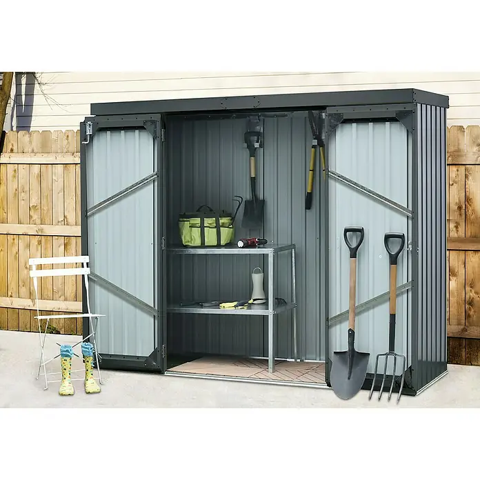Floraworld Geräteschrank - Außenmaß inkl. Dachüberstand (B x T): 226 x 81 cm, Stahl, Anthrazit - Geräumiger Gartenschuppen mit Regalen und Werkzeugen zur Aufbewahrung von Gartengeräten und -zubehör.