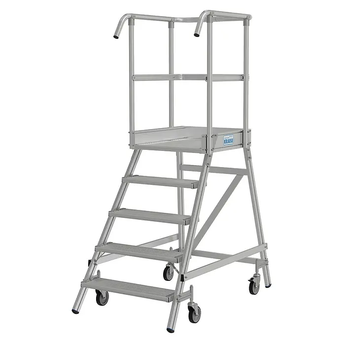 Krause Stabilo Podestleiter - Arbeitshöhe: 3,2 m, Anzahl Tritte: 5 Stk., Aluminium - Krause Fahrpodest mit Geländer, für sicheren Stand bei Arbeiten in der Höhe, inklusive Rollen für einfachen Transport.
