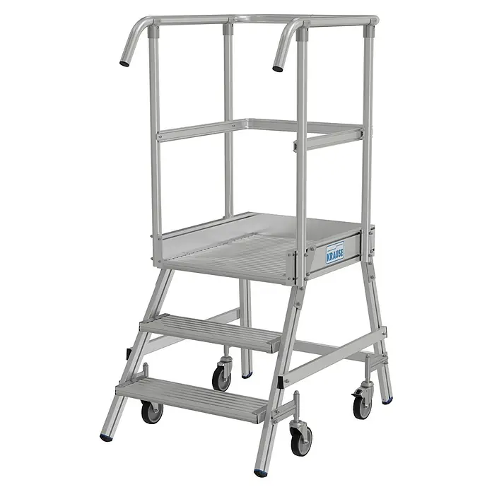 Krause Stabilo Podestleiter - Arbeitshöhe: 2,75 m, Anzahl Tritte: 3 Stk., Aluminium - Krause Fahrgerüst: Robuste Arbeitsplattform mit Geländer und Rollen für flexible Einsätze im Lager oder Werkstatt.