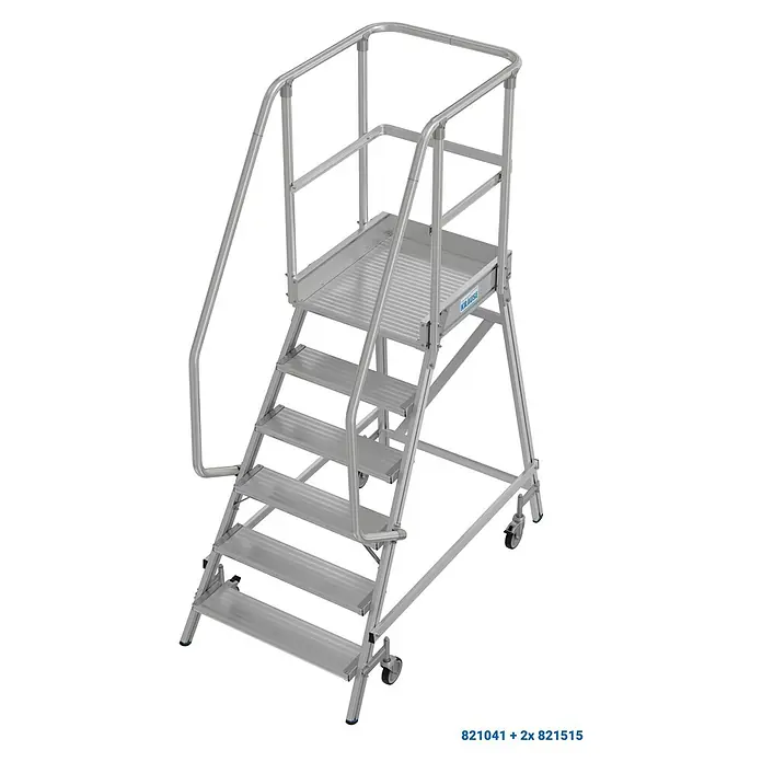 Krause Stabilo Podestleiter - Arbeitshöhe: 3,45 m, Anzahl Tritte: 6 Stk., Aluminium - Bild einer fahrbaren Treppe mit Handlauf, die den sicheren Aufstieg ermöglicht. Das Krause-Produkt ist ideal für Arbeiten in der Höhe.
