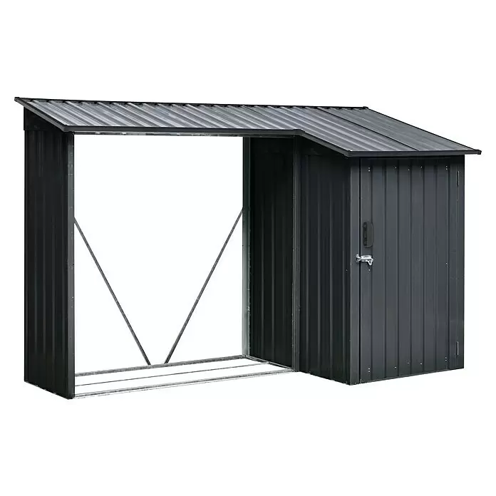 Floraworld Kaminholzregal mit Geräteschrank - 270 x 53 x 158 cm, Anthrazit - Dunkelgrauer Wellblechschuppen mit integriertem offenem Holzlagerbereich und geschlossenem Abstellraum mit Tür.