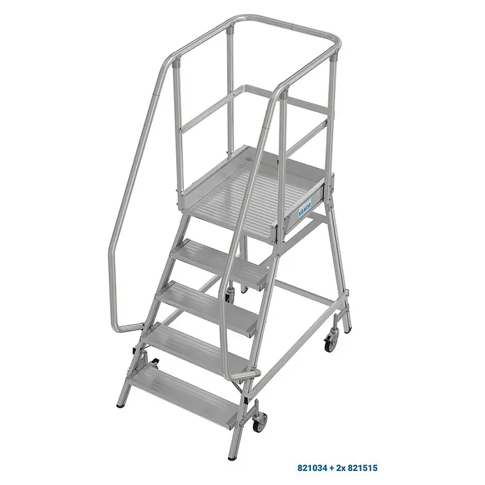 Krause Stabilo Podestleiter - Arbeitshöhe: 3,2 m, Anzahl Tritte: 5 Stk., Aluminium - Bild einer fahrbaren Treppe von Krause mit vier Stufen und einem Handlauf für den sicheren Aufstieg.