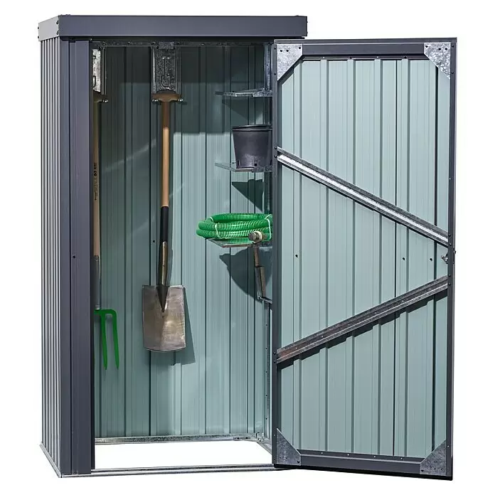 Floraworld Geräteschrank - Außenmaß inkl. Dachüberstand (B x T): 98 x 81 cm, Stahl, Anthrazit - Offener grauer Gartenschrank aus Metall mit Gartengeräten und Regalen im Inneren.