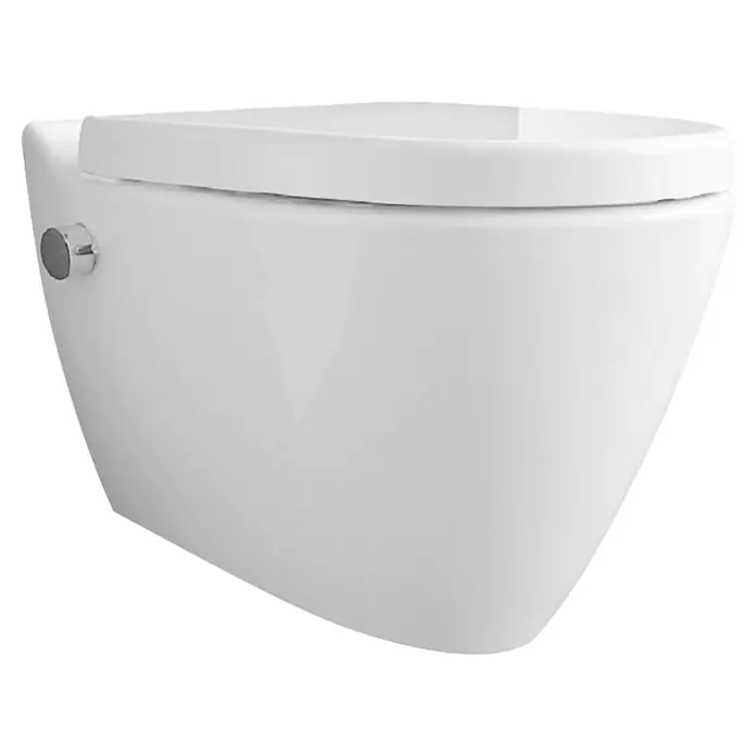 Temtasi Wand-Dusch-WC Mineral - Spülrandlos, Ohne Spezialglasur, Spülform: Tief, WC Abgang: Waagerecht, Weiß - Nahaufnahme einer wandhängenden Toilette in Weiß, die ein modernes und minimalistisches Design zeigt.