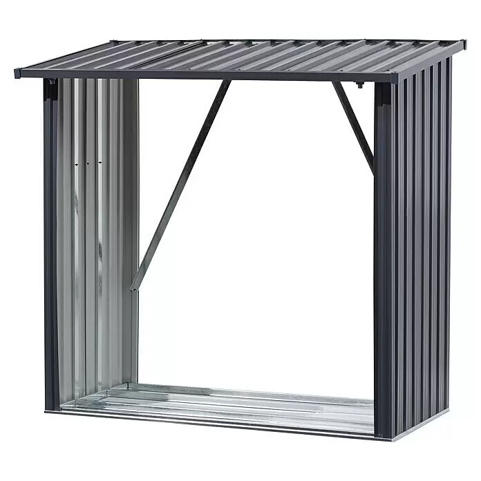 Floraworld Kaminholzregal - 163 x 89 x 154 cm, Stahl, Anthrazit - Anthrazitfarbenes Metall-Holzlager mit schrägem Dach und Wellblechwänden zur Lagerung von Brennholz.