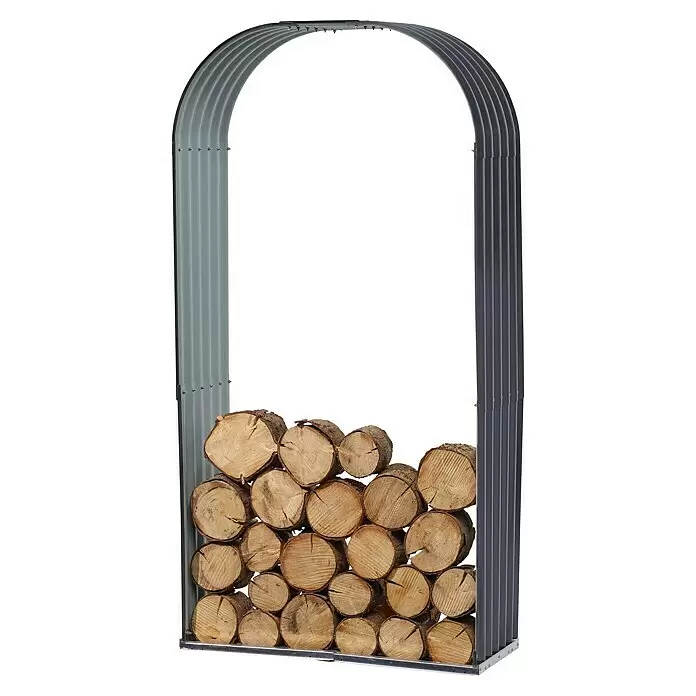Floraworld Kaminholzregal - 103 x 43 x 200 cm, Stahl, Anthrazit - Graues Metall-Kaminholzregal mit Rundbogen, gefüllt mit Naturholzscheiten.
