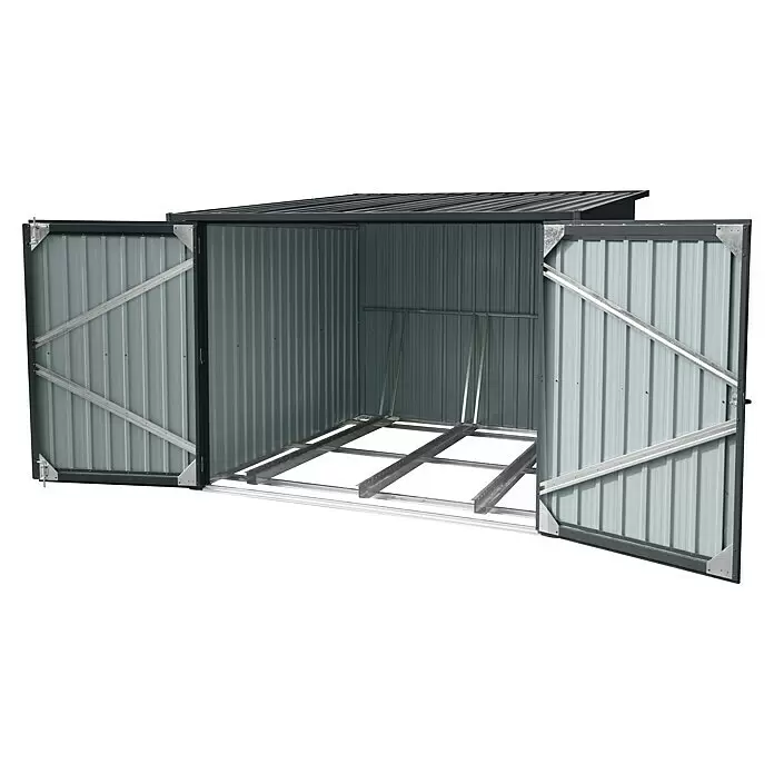 Floraworld Fahrradgarage - 217 x 236 cm, Stahl - Offener, graugrüner Wellblechschuppen mit dunklem Rahmen und innerer silberner Bodenverstrebung. Türen sind weit geöffnet.