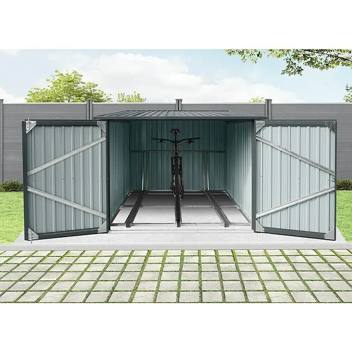 Floraworld Fahrradgarage - 217 x 236 cm, Stahl - Eine geräumige Fahrradgarage mit offenstehenden Türen, die einen einfachen Zugang und sichere Aufbewahrung für Fahrräder bietet.