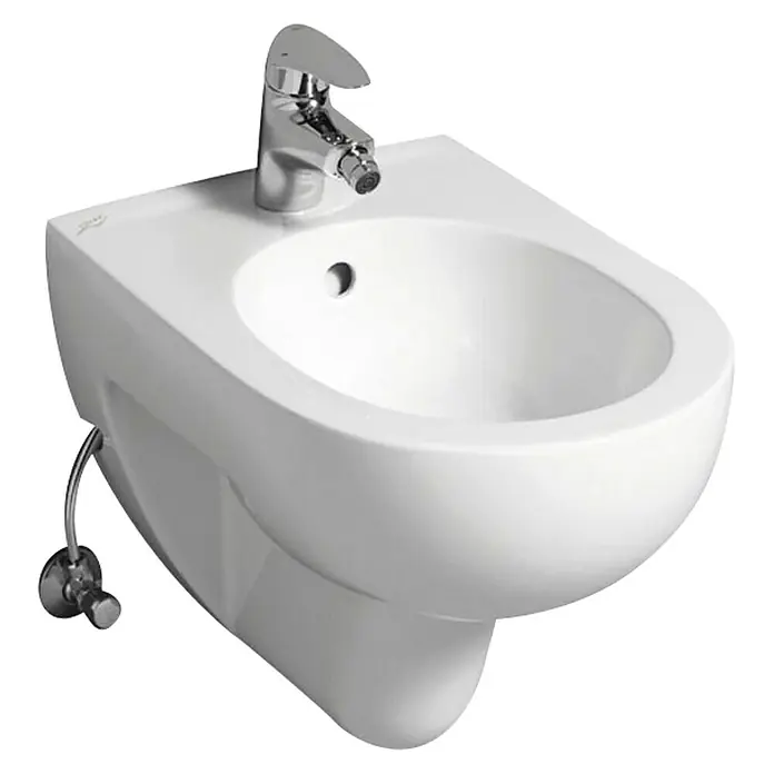Geberit Renova Wand-Bidet - 35 x 55 cm, Weiß, Keramik, Ohne Spezialglasur - Nahaufnahme einer weißen Wand-Bidet mit Armatur, ideal für moderne Badezimmer.